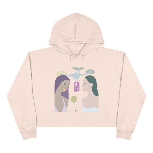 Croped Hooded Sweatshirt with Girls Getting Present From Friend on Both Sides