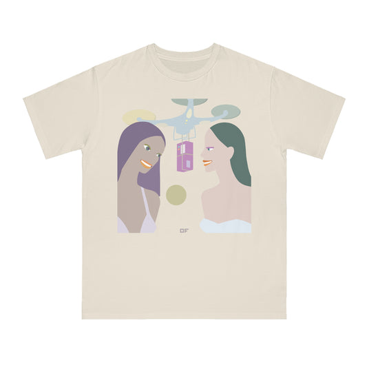 100% Organic Classic T-Shirt with Girls Getting Present From Friend on Both Sides