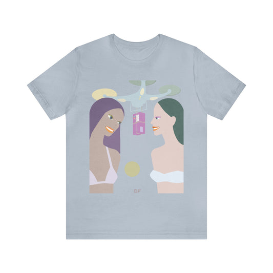 Lightweight and Soft T-Shirt with Girls Getting Present From Friend on Both Sides